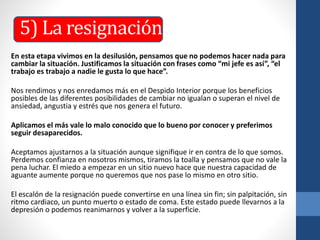En esta etapa vivimos en la desilusión, pensamos que no podemos hacer nada para
cambiar la situación. Justificamos la situación con frases como “mi jefe es así”, “el
trabajo es trabajo a nadie le gusta lo que hace”.
Nos rendimos y nos enredamos más en el Despido Interior porque los beneficios
posibles de las diferentes posibilidades de cambiar no igualan o superan el nivel de
ansiedad, angustia y estrés que nos genera el futuro.
Aplicamos el más vale lo malo conocido que lo bueno por conocer y preferimos
seguir desaparecidos.
Aceptamos ajustarnos a la situación aunque signifique ir en contra de lo que somos.
Perdemos confianza en nosotros mismos, tiramos la toalla y pensamos que no vale la
pena luchar. El miedo a empezar en un sitio nuevo hace que nuestra capacidad de
aguante aumente porque no queremos que nos pase lo mismo en otro sitio.
El escalón de la resignación puede convertirse en una línea sin fin; sin palpitación, sin
ritmo cardiaco, un punto muerto o estado de coma. Este estado puede llevarnos a la
depresión o podemos reanimarnos y volver a la superficie.
5) La resignación
 