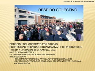 ESCUELA POLITECNICA NAVARRA

DESPIDO COLECTIVO

EXTINCIÓN DEL CONTRATO POR CAUSAS
ECONÓMICAS, TÉCNICAS, ORGANIZATIVAS Y DE PRODUCCIÓN
• AFECTA A LA TOTALIDAD DE LA PLANTILLA , o bien
•QUE EN 90 DÍAS AFECTE A:
•10 TRABAJADORES DE 100 A 300/30 DE 300 O MÁS
•PROCEDIMIENTO:
•SOLICITAR AUTORIZACIÓN ANTE LA AUTORIDAD LABORAL-ERE
•APERTURA DE PERIODO DE CONSULTAS- REPRESENTANTES (15-30 DIAS)
•INDEMNIZACIÓN

 