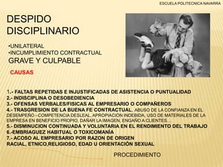 ESCUELA POLITECNICA NAVARRA

DESPIDO
DISCIPLINARIO
•UNILATERAL
•INCUMPLIMIENTO CONTRACTUAL

GRAVE Y CULPABLE
CAUSAS

1.- FALTAS REPETIDAS E INJUSTIFICADAS DE ASISTENCIA O PUNTUALIDAD
2.- INDISCIPLINA O DESOBEDIENCIA
3.- OFENSAS VERBALES/FISICAS AL EMPRESARIO O COMPAÑEROS
4.- TRASGRESION DE LA BUENA FE CONTRACTUAL, ABUSO DE LA CONFIANZA EN EL
DESEMPEÑO –COMPETENCIA DESLEAL, APROPIACIÓN INDEBIDA, USO DE MATERIALES DE LA
EMPRESA EN BENEFICIO PROPIO, DAÑAR LA IMAGEN, ENGAÑO A CLIENTES…

5.- DISMINUCION CONTINUADA Y VOLUNTARIA EN EL RENDIMIENTO DEL TRABAJO
6.-EMBRIAGUEZ HABITUAL O TOXICOMANÍA
7.- ACOSO AL EMPRESARIO POR RAZON DE ORIGEN
RACIAL, ETNICO,RELIGIOSO, EDAD U ORIENTACIÓN SEXUAL

PROCEDIMIENTO

 