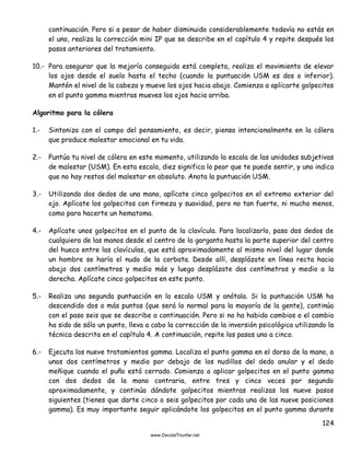 124
continuación. Pero si a pesar de haber disminuido considerablemente todavía no estás en
el uno, realiza la corrección mini IP que se describe en el capítulo 4 y repite después los
pasos anteriores del tratamiento.
10.- Para asegurar que la mejoría conseguida está completa, realiza el movimiento de elevar
los ojos desde el suelo hasta el techo (cuando la puntuación USM es dos o inferior).
Mantén el nivel de la cabeza y mueve los ojos hacia abajo. Comienza a aplicarte golpecitos
en el punto gamma mientras mueves los ojos hacia arriba.
Algoritmo para la cólera
1.- Sintoniza con el campo del pensamiento, es decir, piensa intencionalmente en la cólera
que produce malestar emocional en tu vida.
2.- Puntúa tu nivel de cólera en este momento, utilizando la escala de las unidades subjetivas
de malestar (USM). En esta escala, diez significa lo peor que te puede sentir, y uno indica
que no hay restos del malestar en absoluto. Anota la puntuación USM.
3.- Utilizando dos dedos de una mano, aplícate cinco golpecitos en el extremo exterior del
ojo. Aplícate los golpecitos con firmeza y suavidad, pero no tan fuerte, ni mucho menos,
como para hacerte un hematoma.
4.- Aplícate unos golpecitos en el punto de la clavícula. Para localizarlo, pasa dos dedos de
cualquiera de las manos desde el centro de la garganta hasta la parte superior del centro
del hueco entre las clavículas, que está aproximadamente al mismo nivel del lugar donde
un hombre se haría el nudo de la corbata. Desde allí, desplázate en línea recta hacia
abajo dos centímetros y medio más y luego desplázate dos centímetros y medio a la
derecha. Aplícate cinco golpecitos en este punto.
5.- Realiza una segunda puntuación en la escala USM y anótala. Si la puntuación USM ha
descendido dos o más puntos (que será lo normal para la mayoría de la gente), continúa
con el paso seis que se describe a continuación. Pero si no ha habido cambios o el cambio
ha sido de sólo un punto, lleva a cabo la corrección de la inversión psicológica utilizando la
técnica descrita en el capítulo 4. A continuación, repite los pasos uno a cinco.
6.- Ejecuta los nueve tratamientos gamma. Localiza el punto gamma en el dorso de la mano, a
unos dos centímetros y medio por debajo de los nudillos del dedo anular y el dedo
meñique cuando el puño está cerrado. Comienza a aplicar golpecitos en el punto gamma
con dos dedos de la mano contraria, entre tres y cinco veces por segundo
aproximadamente, y continúa dándote golpecitos mientras realizas los nueve pasos
siguientes (tienes que darte cinco o seis golpecitos por cada una de las nueve posiciones
gamma). Es muy importante seguir aplicándote los golpecitos en el punto gamma durante
 