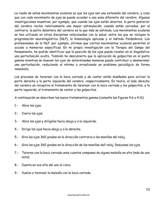 73
La razón de estos movimientos oculares es que los ojos son una extensión del cerebro, y creo
que con cada movimiento de ojos se puede acceder a una zona diferente del cerebro. Algunas
investigaciones muestran, por ejemplo, que cuando los ojos están abiertos, la parte posterior
del cerebro recibe relativamente una mayor estimulación; cuando están cerrados, por el
contrario, la parte delantera del cerebro es la que más se estimula. Los movimientos oculares
se han utilizado en otras disciplinas relacionadas con la salud, entre las que se incluyen la
programación neurolingüística (NLP), la kinesiología aplicada y el método Feldenkreis. Los
profesionales de la NLP, por ejemplo, afirman que ciertos movimientos oculares permiten el
acceso a memorias específicas. En mi propia investigación con la Terapia del Campo del
Pensamiento, he podido identificar que la posición de los ojos puede revelar en el diagnóstico
una perturbación oculta. También he descubierto que la aplicación de golpecitos en el punto
gamma mientras se mueven los ojos de determinadas maneras puede contribuir a desmoronar
una perturbación, reduciendo al mínimo o erradicando un problema psicológico de forma
inmediata.
Los procesos de tararear con la boca cerrada y de contar están diseñados para activar la
parte derecha y la parte izquierda del cerebro, respectivamente. En teoría, el lado derecho
del cerebro es receptivo al tratamiento de tararear con la boca cerrada y los golpecitos, y la
parte izquierda, al tratamiento de contar y los golpecitos.
A continuación se describen los nueve tratamientos gamma (consulta las figuras 4.6 a 4.11):
1.- Abre los ojos.
2.- Cierra los ojos.
3.- Abre los ojos y dirígelos hacia abajo y a la izquierda.
4.- Dirige los ojos hacia abajo y a la derecha.
5.- Gira los ojos 360 grados en la dirección contraria a las manillas del reloj.
6.- Gira los ojos 360 grados en la dirección de las manillas del! reloj. Descansa los ojos.
7.- Tararea con la boca cerrada unos cuantos compases de alguna melodía en alto (más de una
nota).
8.- Cuenta en voz alta del uno al cinco.
9.- Vuelve a tararear la melodía con la boca cerrada.
 