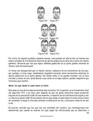74
Figura 4.6 Figura 4.7
Figura 4.8 Figura 4.9
Figura 4.10 Figura 4.11
Por cierto, he elegido la palabra «gamma» porque, como puedes ver más arriba, se realizan una
amplia variedad de tratamientos mientras se aplican golpecitos en este único punto (el «punto
gamma»). Recuerda que hay que seguir dándose golpecitos en el punto gamma mientras se
llevan a cabo los nueve pasos.
Si tienes una discapacidad que te impide realizar cualquiera de los movimientos de los ojos,
por ejemplo, si eres ciego, simplemente imagínate haciendo estos movimientos mientras te
aplicas golpecitos en el punto gamma. Del mismo modo, si no puedes tararear con la boca
cerrada y contar en alto, quizá debido a que estás en un lugar público, puedes imaginarte que
tarareas y que cuentas.
Mover los ojos desde el suelo hasta el techo
Este paso es uno de mis descubrimientos más recientes. Por lo general, es el tratamiento final
del algoritmo TFT, y se lleva cabo después de que los pasos anteriores hayan producido
mejoras en la puntuación USM. En ese momento, la mayoría de los individuos han bajado a uno
o a dos en la escala USM. El movimiento de los ojos desde el suelo hasta el techo es una forma
de consolidar la mejoría, bien para afianzar la puntuación de uno, o bien para reducirla de dos
a uno.
Es preciso recordar que los ojos son una extensión del cerebro. Las investigaciones han
demostrado que cuando se mueven los ojos según las instrucciones que se describen a
 