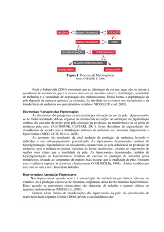 Figura 1. Processo de Melanogênese
Fonte: EVELINE, C. 2006.
Kede e Sabatovich (2004) comentam que as diferenças de cor nas raças não se devem à
quantidade de melanócito, que é a mesma, mas sim ao tamanho, número, distribuição, quantidade
de melanina e a velocidade de degradação dos melanossomas. Dessa forma, a pigmentação da
pele depende da natureza química da melanina, da atividade da tirosinase nos melanócitos e da
transferência da melanina aos queratinócitos vizinhos (NICOLLETI et al, 2002).
Discromias: Variações das Pigmentações
As discromias são patogenias caracterizadas por alteração da cor da pele. Apresentando-
se de forma localizada, difusa, regional ou circunscrita no corpo. As alterações na pigmentação
cutânea são causadas de modo geral pela alteração na produção, na transferência ou na perda de
melanina pela pele. (ALCHORNE; CESTARI, 2001). Essas desordens de pigmentação são
classificadas de acordo com a distribuição anômala de melanina em: acromias, hipocromias e
hipercromias (NICOLLETI, M et al, 2002).
As acromias são resultados da total ausência de produção de melanina, levando o
indivíduo a um esbranquiçamento generalizado. As hipocromias denominadas também de
hipopigmentação, hipomelanose ou leucodermia caracterizam-se pela deficiência na produção de
melanina, pois o melanócito produz melanina de forma insuficiente, levando ao surgimento de
regiões mais claras que a tonalidade da pele. As hipercromias denominadas também de
hiperpigmentação ou hipermelanose resultam do excesso na produção de melanina pelos
melanócitos, levando ao surgimento de regiões mais escuras que a tonalidade da pele. Possuem
uma freqüência superior às acromias e hipocromias (VIGLIOGLIA, 1991). Assim, também por
este motivo vem a ser o foco deste trabalho.
Hipercromias: Anomalias Pigmentares
Nas hipercromias quando ocorre à estimulação do melanócito por fatores internos ou
externos, há a produção excessiva de melanina, originando desta forma manchas hipercrômicas.
Estas, quando se apresentam circunscritas são chamadas de máculas e quando difusas ou
regionais melanodermias (MODELLE, 2007).
Existem várias formas de manifestações das hipercromias na pele. As consideradas de
maior relevância segundo Eveline (2006), devido a sua incidência são:
 