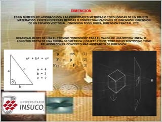 ES UN NÚMERO RELACIONADO CON LAS PROPIEDADES MÉTRICAS O TOPOLÓGICAS DE UN OBJETO
MATEMÁTICO. EXISTEN DIVERSAS MEDIDAS O CONCEPTUALIZACIONES DE DIMENSIÓN: DIMENSIÓN
DE UN ESPACIO VECTORIAL, DIMENSIÓN TOPOLÓGICA, DIMENSIÓN FRACTAL, ETC.
OCASIONALMENTE SE USA EL TÉRMINO "DIMENSIÓN" PARA EL VALOR DE UNA MEDIDA LINEAL O
LONGITUD RECTA DE UNA FIGURA GEOMÉTRICA U OBJETO FÍSICO, PERO DICHO SENTIDO NO TIENE
RELACIÓN CON EL CONCEPTO MÁS ABSTRACTO DE DIMENSIÓN.
 