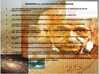 DESARROLLA LAS SIGUIENTES PREGUNTAS.
1. ¿ES UN NÚMERO RELACIONADO CON LAS PROPIEDADES MÉTRICAS O TOPOLÓGICAS DE UN
OBJETO MATEMÁTICO?
2. ¿ES UNA MAGNITUD ESCALAR, QUE SE EXPRESA EN UNIDADES DE LONGITUD?
3. ¿ES LA RELACIÓN ENTRE LA DISTANCIA RECORRIDA Y EL TIEMPO EMPLEADO EN COMPLETARLA?
4. ¿SE MIDE EN LAS MISMAS UNIDADES QUE LA VELOCIDAD, PERO NO TIENE EL CARÁCTER
VECTORIAL DE ÉSTA?
5. ¿ES UNA MEDIDA VECTORIAL QUE DEFINE EL CAMBIO DE POSICIÓN DE UN CUERPO ENTRE
DOS INSTANTES BIEN DEFINIDOS?
6. ¿ES UNA MAGNITUD VECTORIAL QUE NOS INDICA EL CAMBIO DE VELOCIDAD POR UNIDAD DE
TIEMPO?
7. AL HABLAR DE UN SISTEMA DE REFERENCIA SIMPLEMENTE SE ESTÁ APUNTANDO QUE:
8. SE DICE COMO SISTEMA DE REFERENCIA ABSOLUTA CUANDO:
9. LOS ENCONTRAMOS EN ACTIVIDADES BASADAS EN DEJARSE CAER UNA PERSONA A TRAVÉS DE
LA ATMÓSFERA SIN SUSTENTACIÓN ALAR NI DE PARACAÍDAS DURANTE UN CIERTO TRAYECTO.
10. ES EL MOVIMIENDO ¿CUANDO EL CUERPO DESCRIBE UNA TRAYECTORIA RECTA, Y ES UNIFORME
CUANDO SU VELOCIDAD ES CONSTANTE EN EL TIEMPO?
 