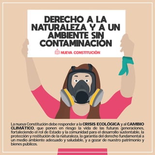 LanuevaConstitucióndeberesponderalaCRISIS ECOLÓGICAyalCAMBIO
CLIMÁTICO, que ponen en riesgo la vida de las futuras generaciones,
fortaleciendo el rol de Estado y la comunidad para el desarrollo sustentable, la
protección y restitución de la naturaleza,la garantía del derecho fundamental a
un medio ambiente adecuado y saludable, y a gozar de nuestro patrimonio y
bienes públicos.
DERECHO A LA
NATURALEZA Y A UN
AMBIENTE SIN
CONTAMINACIÓN
NUEVA CONSTITUCIÓN
 