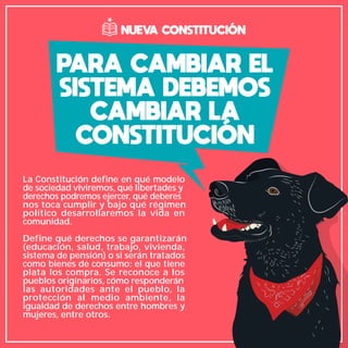 PARA CAMBIAR EL
SISTEMA DEBEMOS
CAMBIAR LA
CONSTITUCIÓN
NUEVA CONSTITUCIÓN
La Constitución define en qué modelo
de sociedad viviremos, qué libertades y
derechos podremos ejercer, qué deberes
nos toca cumplir y bajo qué régimen
político desarrollaremos la vida en
comunidad.
Define qué derechos se garantizarán
(educación, salud, trabajo, vivienda,
sistema de pensión) o si serán tratados
como bienes de consumo: el que tiene
plata los compra. Se reconoce a los
pueblos originarios, cómo responderán
las autoridades ante el pueblo, la
protección al medio ambiente, la
igualdad de derechos entre hombres y
mujeres, entre otros.
 