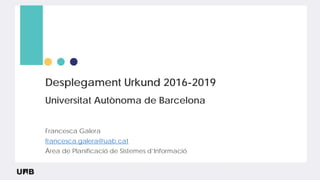 Desplegament Urkund 2016-2019
Universitat Autònoma de Barcelona
Francesca Galera
francesca.galera@uab.cat
Àrea de Planificació de Sistemes d’Informació
 