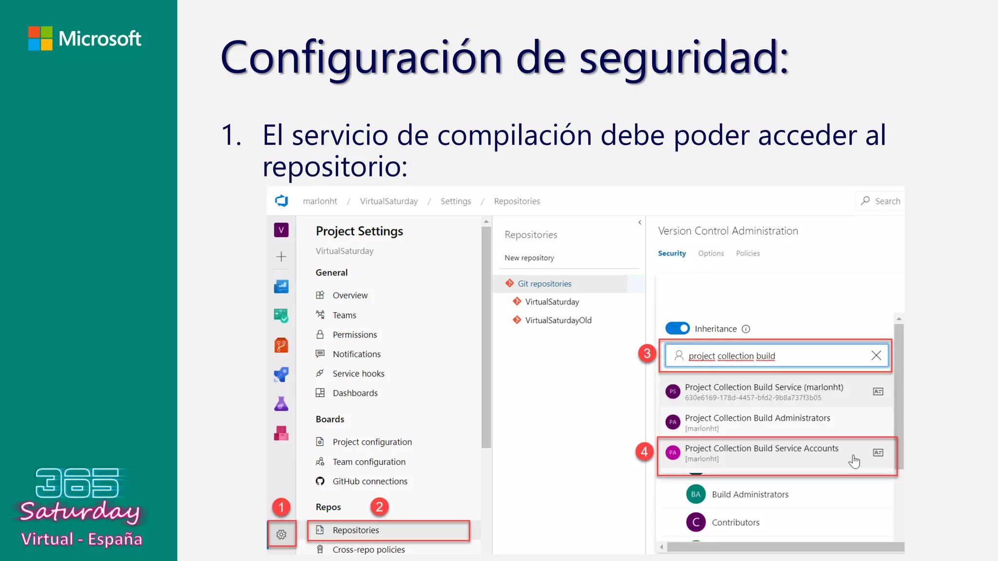 Configuración de seguridad:
1. El servicio de compilación debe poder acceder al
repositorio:
 
