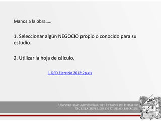 Manos a la obra…..
1. Seleccionar algún NEGOCIO propio o conocido para su
estudio.
2. Utilizar la hoja de cálculo.
1 QFD Ejercicio 2012 2p.xls
 