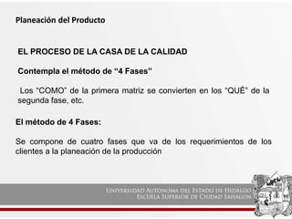 Planeación del Producto
EL PROCESO DE LA CASA DE LA CALIDAD
Contempla el método de “4 Fases”
Los “COMO” de la primera matriz se convierten en los “QUÉ” de la
segunda fase, etc.
El método de 4 Fases:
Se compone de cuatro fases que va de los requerimientos de los
clientes a la planeación de la producción
 