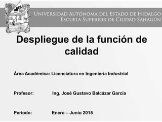 Área Académica: Licenciatura en Ingeniería Industrial
Profesor: Ing. José Gustavo Balcázar García
Periodo: Enero – Junio 2015
Despliegue de la función de
calidad
 
