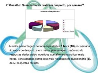 4ª Questão: Quantas horas praticam desporto, por semana? A maior percentagem de Inquiridos dedica  1 hora (10)  por semana á prática de desporto e em menor percentagem o número de respostas dadas pelos inquiridos que afirmaram praticar mais horas, apresentadas como possíveis respostas no questionário  (6) , de 50 respostas obtidas. 