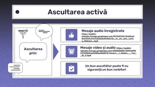 Ascultarea activă
Ascultarea
prin:
Mesaje audio înregistrate
https://padlet-
uploads.storage.googleapis.com/817420703/164d9aef
8e43f69c47272328a5e834b6/De_ce_am_ales_carte
a_Maitreyi_.mp3
Mesaje video și audio https://padlet-
uploads.storage.googleapis.com/530520585/45931ef90
417395b01ed3388aa9b2072/Venere__i_Madon___Teo_
_XI_F.mp4
Un bun ascultător poate fi cu
siguranță un bun vorbitor!
 