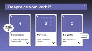 Comunicarea
Și importanța abilităților
de comunicare
Curricular
Limba și literatura
română
Dirigenție
Vizionarea unui
film
Despre ce vom vorbi?
1 3
2
 