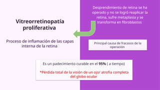Vitreorretinopatía
proliferativa
Proceso de inflamación de las capas
interna de la retina
Desprendimiento de retina se ha
operado y no se logró reaplicar la
retina, sufre metaplasia y se
transforma en fibroblastos
Principal causa de fracasos de la
operación
Es un padecimiento curable en el 95% ( a tiempo)
*Pérdida total de la visión de un ojo/ atrofia completa
del globo ocular
 