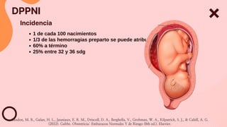 1 de cada 100 nacimientos
1/3 de las hemorragias preparto se puede atribuir al DPPNI
60% a término
25% entre 32 y 36 sdg
Incidencia
DPPNI
Landon, M. B., Galan, H. L., Jauniaux, E. R. M., Driscoll, D. A., Berghella, V., Grobman, W. A., Kilpatrick, S. J., & Cahill, A. G.
(2022). Gabbe. Obstetricia: Embarazos Normales Y de Riesgo (8th ed.). Elsevier.
 