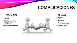 COMPLICACIONES
MATERNAS
• Shock
• Trastornos de la
coagulación
• Insuficiencia renal
FETALES
• Hipoxia
• Anemia
• Prematuriedad
• Muerte fetal
 