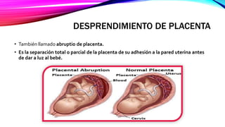 DESPRENDIMIENTO DE PLACENTA
• También llamado abruptio de placenta.
• Es la separación total o parcial de la placenta de su adhesión a la pared uterina antes
de dar a luz al bebé.
 