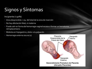 Incipiente (<30%)
• Zona desprendida < 1/4 del total de la zona de inserción
• No hay afectación fetal, ni materna
• Puede salir en forma de hemorragia vaginal escasa o formar un hematoma
retroplacentario.
• Molestia en hipogastrio y dolor a la palpación
• Hemorragia externa oscura (1)
Signos y Síntomas
 