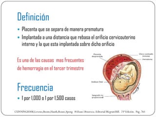 Definición
   Placenta que se separa de manera prematura
   Implantada a una distancia que rebasa el orificio cervicoute...