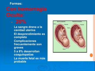 Formas:
Con hemorragía
Oculta:
- 20%
- La sangre drena a la
cavidad uterina
- El desprendimiento es
completo
- Complicaciones
frecuentemente son
graves
- 5 a 8% desarrollan
coagulopatias
- La muerte fetal es más
probable
 