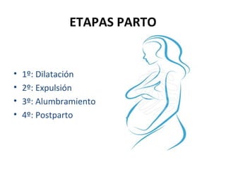 ETAPAS PARTO

•
•
•
•

1º: Dilatación
2º: Expulsión
3º: Alumbramiento
4º: Postparto

 