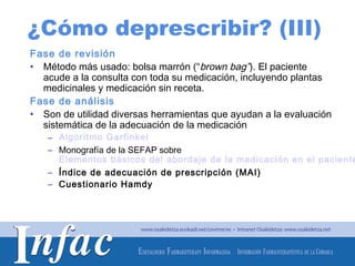 ¿Cómo deprescribir? (III)
Fase de revisión
• Método más usado: bolsa marrón (“brown bag”). El paciente
  acude a la consulta con toda su medicación, incluyendo plantas
  medicinales y medicación sin receta.
Fase de análisis
• Son de utilidad diversas herramientas que ayudan a la evaluación
  sistemática de la adecuación de la medicación
   – Algoritmo Garfinkel
   – Monografía de la SEFAP sobre
     Elementos básicos del abordaje de la medicación en el paciente
   – Índice de adecuación de prescripción (MAI)
   – Cuestionario Hamdy




                                               http://www.osakidetza.euskadi.net
 