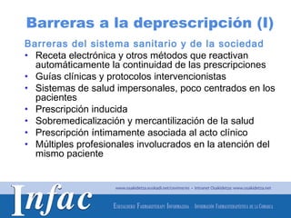 Barreras a la deprescripción (I)
Barreras del sistema sanitario y de la sociedad
• Receta electrónica y otros métodos que reactivan
  automáticamente la continuidad de las prescripciones
• Guías clínicas y protocolos intervencionistas
• Sistemas de salud impersonales, poco centrados en los
  pacientes
• Prescripción inducida
• Sobremedicalización y mercantilización de la salud
• Prescripción íntimamente asociada al acto clínico
• Múltiples profesionales involucrados en la atención del
  mismo paciente




                                        http://www.osakidetza.euskadi.net
 