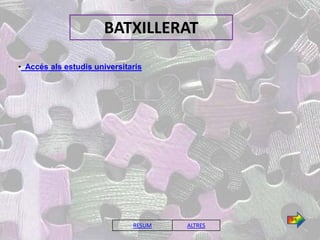 BATXILLERAT

• Accés als estudis universitaris




                                               3/4
                              RESUM   ALTRES
 