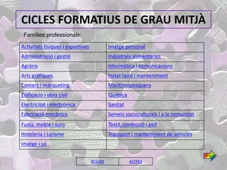 CICLES FORMATIUS DE GRAU MITJÀ
 Famílies professionals:

Activitats físiques i esportives           Imatge personal
Administració i gestió                     Indústries alimentàries
Agrària                                    Informàtica i comunicacions
Arts gràfiques                             Instal·lació i manteniment
Comerç i màrqueting                        Maritimopesquera
Edificació i obra civil                    Química
Electricitat i electrònica                 Sanitat
Fabricació mecànica                        Serveis socioculturals i a la comunitat
Fusta, moble i suro                        Tèxtil, confecció i pell
Hoteleria i turisme                        Transport i manteniment de vehicles
Imatge i so
                                                                                     2/2

                                   RESUM             ALTRES
 