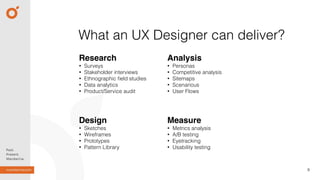 9
What an UX Designer can deliver?
Research
• Surveys
• Stakeholder interviews
• Ethnographic ﬁeld studies
• Data analytics
• Product/Service audit
Analysis
• Personas
• Competitive analysis
• Sitemaps
• Scenarious
• User Flows
Design
• Sketches
• Wireframes
• Prototypes
• Pattern Library
Measure
• Metrics analysis
• A/B testing
• Eyetracking
• Usability testing
 