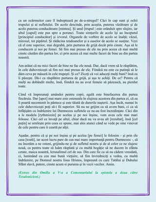 ca un ocârmuitor care îl îndreptează pe de-a-ntregul? Căci în cap sunt şi ochii
trupului şi ai sufletului. De acolo descinde, prin aceştia, puterea văzătoare şi de
acolo puterea conducătoare [mintea]. Şi unul [trupul | este orânduit spre slujire, iar
altul [capul] este pus spre a porunci. Toate simţurile de acolo îşi au începutul
[principiul conducător] şi izvorul. Organele de vorbire de acolo se înalţă; văzul,
mirosul, tot pipăitul. Şi rădăcina tendoanelor şi a oaselor de acolo se susţine. Vezi
că el este superior, mai degrabă, prin purtarea de grijă decât prin cinste. Aşa să le
conducem şi noi pe femei. Să fim mai presus de ele nu prin aceea că mai multă
cinste căutăm din partea lor, ci prin aceea că mai multe faceri de bine au din partea
noastră.
Am arătat că nu mici faceri de bine ne fac ele nouă. Dar, dacă vrem să le răsplătim,
în cele duhovniceşti să fim noi mai presus de ele. Fiindcă nu este cu putinţă să le
dăm ceva pe măsură în cele trupeşti. Şi ce? Ziceţi că voi aduceţi mulţi bani? însă ea
îi păzeşte. Dă-i ca răsplătire purtarea de grijă, şi aşa te achiţi. De ce? Pentru că
mulţi au dobândit multe, însă, fiindcă nu au avut femeie să păzească, au pierdut
toate.
Când vă împreunaţi amândoi pentru copii, egală este binefacerea din partea
fiecăruia. Dar [apoi] mai mare este osteneala în slujirea acestora din partea ei, că ea
îi poartă necontenit în pântece şi este tăiată de durerile naşterii. Aşa încât, numai în
cele duhovniceşti poţi să-i fii superior. Să nu ne grijim ca să avem bani, ci ca să
înfăţişăm cu îndrăznire lui Dumnezeu sufletele ce ne-au fost încredinţate. Căci din
a le modela [rythmizein] pe acelea şi pe noi înşine, vom avea cele mai mari
foloase. Căci cel ce învaţă pe altul, chiar dacă nu va avea alt [rezultat], însă [cel
puţin] se umileşte prin ceea ce spune, mai ales atunci când se vede pe sine vinovat
de cele pentru care îi ceartă pe alţii.
Aşadar, pentru că şi pe noi înşine şi pe acelea [pe femei] le folosim - şi prin ele
casa [toată], iar acest lucru pare de cea mai mare importanţă pentru Dumnezeu -, să
nu încetăm a ne osteni, grijindu-ne şi de sufletul nostru şi de al celor ce ne slujesc
nouă, ca pentru toate să luăm răsplată şi cu multă bogăţie să ne ducem în sfânta
cetate, maica noastră, Ierusalimul cel de sus. Din care fie ca să nu cădem vreodată,
ci, luminând cu cea mai bună vieţuire, să fim învredniciţi a vedea, cu multă
îndrăznire, pe Domnul nostru Iisus Hristos, împreună cu care Tatălui şi Duhului
Sfânt slavă, putere, cinste acum si pururea şi în vecii vecilor. Amin.
(Extras din Omilia a V-a a Comentariului la epistola a doua către
Tesalonicieni.)
 