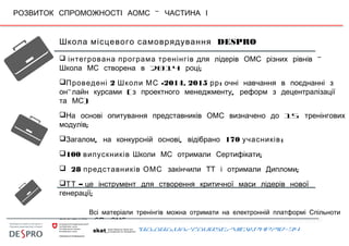 –РОЗВИТОК СПРОМОЖНОСТІ АОМС ЧАСТИНА І
Школа місцевого самоврядування DESPRO
 інтегрована програма тренінгів –для лідерів ОМС різних рівнів
2014 ;Школа МС створена в році
 2 -2014, 2015 :Проведені Школи МС рр очні навчання в поєднанні з
- ( ,он лайн курсами з проектного менеджменту реформ з децентралізації
)та МС
 15На основі опитування представників ОМС визначено до тренінгових
;модулів
 , ,Загалом на конкурсній основі відібрано 170 ;учасників
100 випускників ;Школи МС отримали Сертифікати
 28 представників ОМС ;закінчили ТТ і отримали Дипломи
 –ТТ це інструмент для створення критичної маси лідерів нової
генерації;
Всі матеріали тренінгів можна отримати на електронній платформі Спільноти
( ) :практиків СП ОМС
http://udl.despro.org.ua/course/view.php?id=34
 
