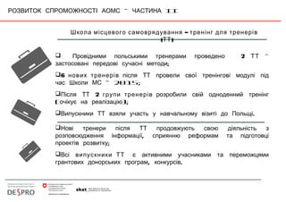 –РОЗВИТОК СПРОМОЖНОСТІ АОМС ЧАСТИНА II
 Провідними польськими тренерами проведено 2 ТТ –
;застосовані передові сучасні методи
6 нових тренерів після ТТ провели свої тренінгові модулі під
- 2015;час Школи МС
Після ТТ 2 групи тренерів розробили свій одноденний тренінг
( );очікує на реалізацію
 .Випускники ТТ взяли участь у навчальному візиті до Польщі
Нові тренери після ТТ продовжують свою діяльність з
,розповсюдження інформації сприянню реформам та підготовці
;проектів розвитку
Всі випускники ТТ є активними учасниками та переможцями
, .грантових донорських програм конкурсів
–Школа місцевого самоврядування тренінг для тренерів
( )ТТ
 