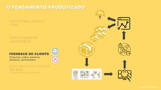 FEEDBACK DO CLIENTE
AUTONOMIA PARA O
TIME
CAPACIDADE DE
ADAPTAÇÃO
O PENSAMENTO PRODUTIZADO
FACILIDADE DE PENSAR
EM MVP
(PRODUTO MÍNIMO VIÁVEL)
(Pesquisas, análise, aderência,
destaques, oportunidades)
@guilhermesantosagile
 