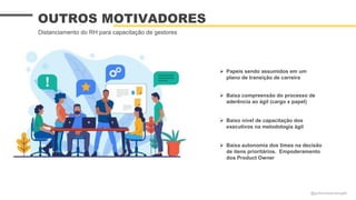  Papeis sendo assumidos em um
plano de transição de carreira
 Baixo nível de capacitação dos
executivos na metodologia ágil
 Baixa compreensão do processo de
aderência ao ágil (cargo x papel)
OUTROS MOTIVADORES
Distanciamento do RH para capacitação de gestores
 Baixa autonomia dos times na decisão
de itens prioritários. Empoderamento
dos Product Owner
@guilhermesantosagile
 
