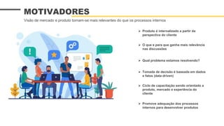 O que e para que ganha mais relevância
nas discussões
 Ciclo de capacitação sendo orientado a
produto, mercado e experiência do
cliente
 Tomada de decisão é baseada em dados
e fatos (data driven)
MOTIVADORES
Visão de mercado e produto tornam-se mais relevantes do que os processos internos
 Promove adequação dos processos
internos para desenvolver produtos
 Produto é internalizado a partir da
perspectiva do cliente
 Qual problema estamos resolvendo?
 
