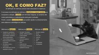 OK, E COMO FAZ?
(A definição de métricas precisa estar associada os objetivos)
O processo de definição de métricas é complexo e requer cautela para
incorporar a adoção. Cuidado com fórmulas mágicas, os cenários são
muito particulares e o entendimento pode gerar confusão.
Porém, existem recomendações que podem ajudar no direcionamento
para elaborar a estratégia de métricas.
@guilhermesantosagile
 Qualitativas e quantitativas
(analisa cenários, mercados,
oportunidades e tendências
de forma exploratórias)
 Time to Market (analisa o
tempo de entrada do produto
no mercado)
 ROI (Retorno sobre o
Investimento)
 NPS (analisa qual o nível de
satisfação do clientes)
Métricas de Negócio Métricas de Produto Métricas de Equipe
 One Metric That Matters
(OMTM) - OMTM do Netflix é
o tempo assistido
 Engajamento
 Volume de usuários e
Retenção
 Churn
 Product life time
 Disponibilidade e Relevância
 Qualidade de serviços
 Burndown (release)
 Burnup
 Cicle Time
 Lead time
 Velocity
 CFD
 Previsibilidade
 Confiabilidade
 