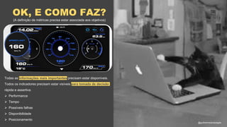 OK, E COMO FAZ?
(A definição de métricas precisa estar associada aos objetivos)
Todas as informações mais importantes precisam estar disponíveis.
Todos os indicadores precisam estar visíveis para tomada de decisão
rápida e assertiva.
 Performance
 Tempo
 Possíveis falhas
 Disponibilidade
 Posicionamento
@guilhermesantosagile
 