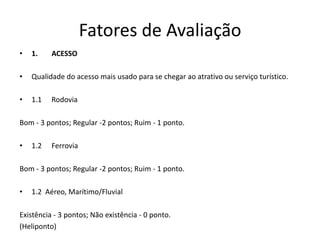 Fatores de Avaliação
•   1.    ACESSO

•   Qualidade do acesso mais usado para se chegar ao atrativo ou serviço turístico.

•   1.1   Rodovia

Bom - 3 pontos; Regular -2 pontos; Ruim - 1 ponto.

•   1.2   Ferrovia

Bom - 3 pontos; Regular -2 pontos; Ruim - 1 ponto.

•   1.2 Aéreo, Marítimo/Fluvial

Existência - 3 pontos; Não existência - 0 ponto.
(Heliponto)
 