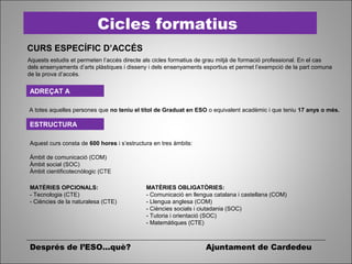 Després de l’ESO...què? Ajuntament de Cardedeu
Cicles formatius
CURS ESPECÍFIC D’ACCÉS
Aquests estudis et permeten l’accés directe als cicles formatius de grau mitjà de formació professional. En el cas
dels ensenyaments d’arts plàstiques i disseny i dels ensenyaments esportius et permet l’exempció de la part comuna
de la prova d’accés.
MATÈRIES OBLIGATÒRIES:
- Comunicació en llengua catalana i castellana (COM)
- Llengua anglesa (COM)
- Ciències socials i ciutadania (SOC)
- Tutoria i orientació (SOC)
- Matemàtiques (CTE)
MATÈRIES OPCIONALS:
- Tecnologia (CTE)
- Ciències de la naturalesa (CTE)
ADREÇAT A
ESTRUCTURA
A totes aquelles persones que no teniu el títol de Graduat en ESO o equivalent acadèmic i que teniu 17 anys o més.
Aquest curs consta de 600 hores i s’estructura en tres àmbits:
Àmbit de comunicació (COM)
Àmbit social (SOC)
Àmbit cientificotecnòlogic (CTE
 