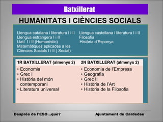 Llengua catalana i literatura I i II Llengua castellana i literatura I i II
Llengua estrangera I i II Filosofia
Llatí I i II (Humanístic) Història d’Espanya
Matemàtiques aplicades a les
Ciències Socials I i II ( Social)
Batxillerat
HUMANITATS I CIÈNCIES SOCIALS
Després de l’ESO...què? Ajuntament de Cardedeu
1R BATXILLERAT (almenys 2)1R BATXILLERAT (almenys 2) 2N BATXILLERAT2N BATXILLERAT (almenys 2)(almenys 2)
• Economia
• Grec I
• Història del món
contemporani
• Literatura universal
• Economia de l’Empresa
• Geografia
• Grec II
• Història de l’Art
• Història de la Filosofia
 
