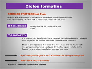 Després de l’ESO...què? Ajuntament de Cardedeu
Cicles formatius
COM S’ORGANITZEN
FORMACIÓ PROFESSIONAL DUAL
COM S’HI ACCEDEIX Els requisits són els mateixos que pels
CFGM.
http://ensenyament.gencat.cat/ca/arees-actuacio/empreses-fpdual/
Es tracta de la formació que fa possible que els alumnes puguin compatibilitzar la
formació als centres educatius amb la formació en entorns laborals reals.
L'alumne rep part de la formació en el centre de formació professional. L'altra part
l'obté mitjançant les activitats formatives i productives en l'empresa.
L'estada a l'empresa es divideix en dues fases. En la primera, l'alumne s'hi
incorpora per realitzar unes pràctiques. En finalitzar aquest període, s'inicia
l'estada remunerada en modalitat de contracte o de beca.
Media Markt - Formación dual
 