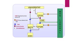 ESO
BATX CFGM
CFGS
UNIVERSITAT
Títol
Prova d’accés
C Convalidacions
C
POT Prova obtenció del
títol
C
CAS
M
Ó
N
L
A
B
O
R
A
L
CAS Preparació proves
accés GS
 