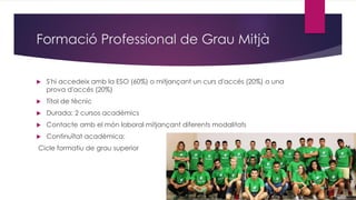 Formació Professional de Grau Mitjà
 S'hi accedeix amb la ESO (60%) o mitjançant un curs d'accés (20%) o una
prova d'accés (20%)
 Títol de tècnic
 Durada: 2 cursos acadèmics
 Contacte amb el món laboral mitjançant diferents modalitats
 Continuïtat acadèmica:
Cicle formatiu de grau superior
 