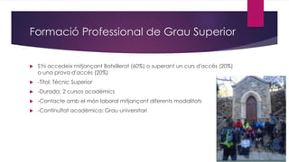 Formació Professional de Grau Superior
 S'hi accedeix mitjançant Batxillerat (60%) o superant un curs d'accés (20%)
o una prova d'accés (20%)
 -Títol: Tècnic Superior
 -Durada: 2 cursos acadèmics
 -Contacte amb el món laboral mitjançant diferents modalitats
 -Continuïtat acadèmica: Grau universitari
 