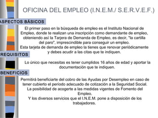 OFICINA DEL EMPLEO (I.N.E.M./ S.E.R.V.E.F.)

ASPECTOS BÁSICOS
El primer paso en la búsqueda de empleo es el Instituto Nacional de
Empleo, donde te realizan una inscripción como demandante de empleo,
obteniendo así la Tarjera de Demanda de Empleo, es decir, "la cartilla
del paro", imprescindible para conseguir un empleo.
Esta tarjeta de demanda de empleo la tienes que renovar periódicamente
y debes acudir a las citas que te indiquen.
REQUISITOS
Lo único que necesitas es tener cumplidos 16 años de edad y aportar la
documentación que te indiquen.
BENEFICIOS
Permitirá beneficiarte del cobro de las Ayudas por Desempleo en caso de
tener cubierto el período adecuado de cotización a la Seguridad Social.
La posibilidad de acogerte a las medidas vigentes de Fomento del
Empleo.
Y los diversos servicios que el I.N.E.M. pone a disposición de los
trabajadores.

 