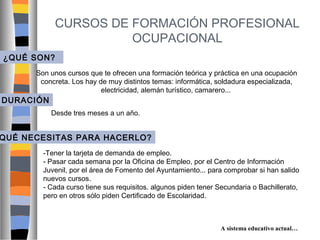 CURSOS DE FORMACIÓN PROFESIONAL
OCUPACIONAL
¿QUÉ SON?
Son unos cursos que te ofrecen una formación teórica y práctica en una ocupación
concreta. Los hay de muy distintos temas: informática, soldadura especializada,
electricidad, alemán turístico, camarero...

DURACIÓN
Desde tres meses a un año.

QUÉ NECESITAS PARA HACERLO?
-Tener la tarjeta de demanda de empleo.
- Pasar cada semana por la Oficina de Empleo, por el Centro de Información
Juvenil, por el área de Fomento del Ayuntamiento... para comprobar si han salido
nuevos cursos.
- Cada curso tiene sus requisitos. algunos piden tener Secundaria o Bachillerato,
pero en otros sólo piden Certificado de Escolaridad.

A sistema educativo actual…

 