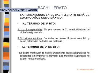 PROMOCIÓN Y TITULACIÓN

BACHILLERATO

LA PERMANENCIA EN EL BACHILLERATO SERÁ DE
CUATRO AÑOS COMO MÁXIMO.
•

AL TÉRMINO DE 1º BTO:

1 1 o 2 suspendidas: Se promociona a 2º, matriculándote de
dicha/s asignatura/s.
3 3 o 4 suspendidas: Cursarán de nuevo el curso completo y
serán calificados de todas las materias.
•

AL TÉRMINO DE 2º DE BTO :
Se podrá matricular de nuevo únicamente en las asignaturas no
superadas sin importar el número. Las materias superadas no
exigen nueva matrícula.

Ir a sistema educativo…

 